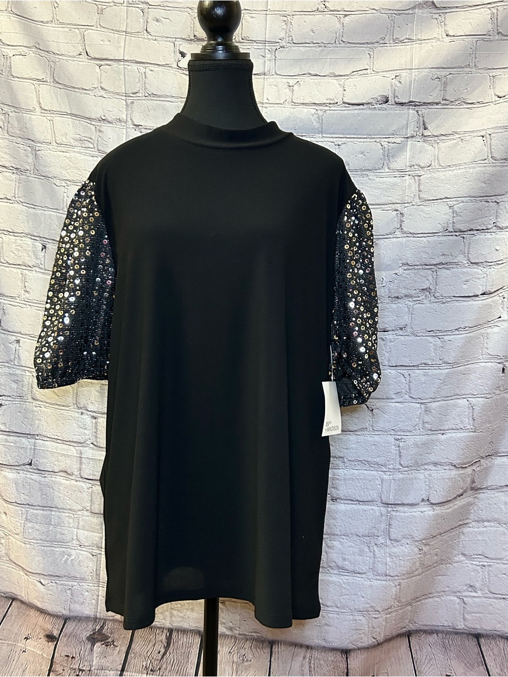 89th & Madison Black Top with Sequin Puff Sleeves